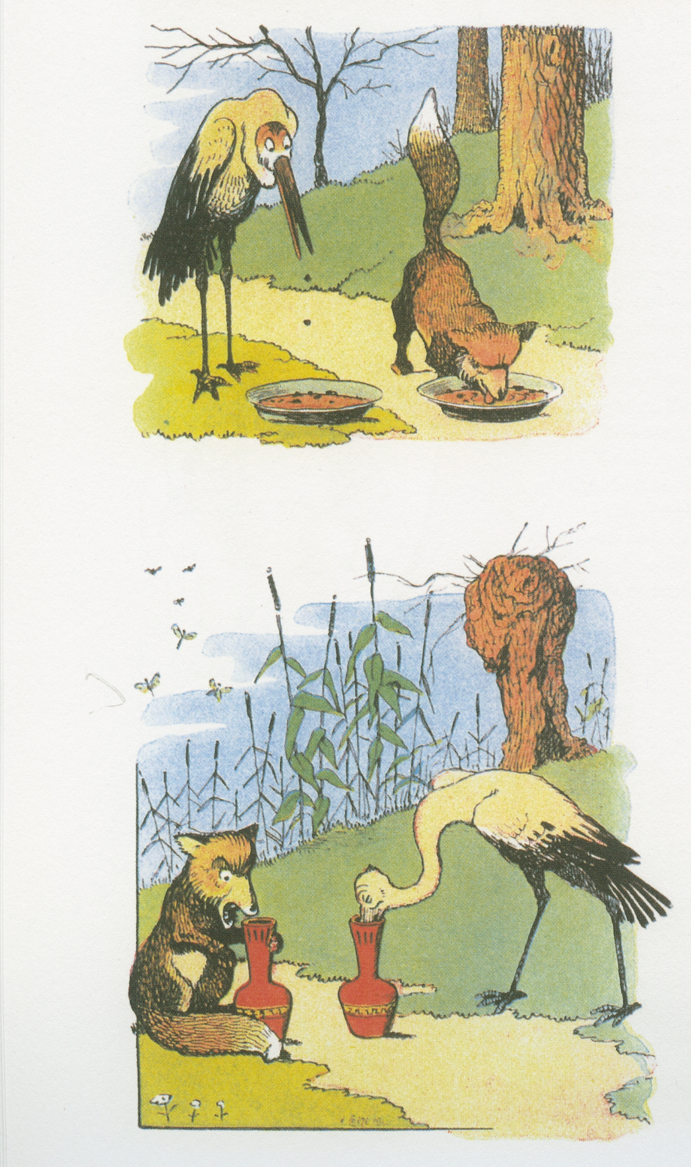Illustrations de la fable le renard et la cigogne par Benjamin Rabier